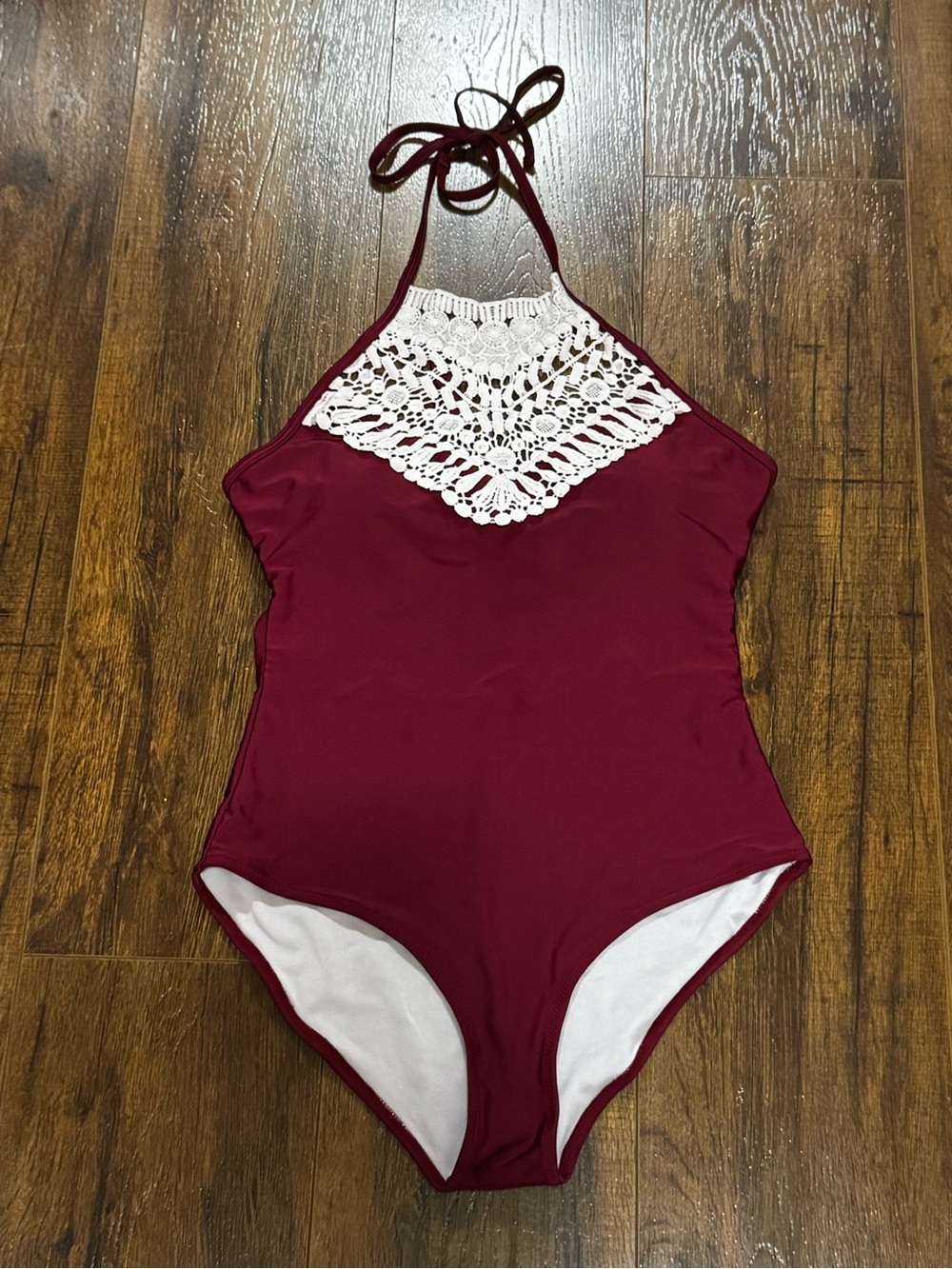 Women's Burgundy Halter One-Piece Swimsuit with White Crochet Yoke